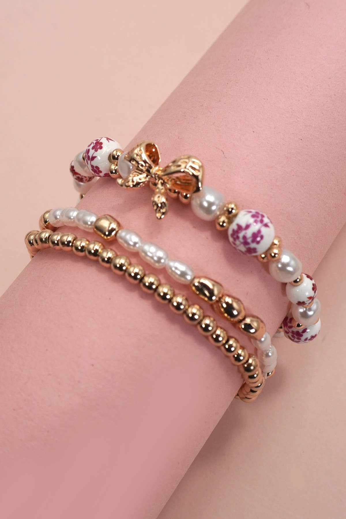 PINK CERAMIC PORCELAIN BOW MULTI LAYER BRACELET : Gold
