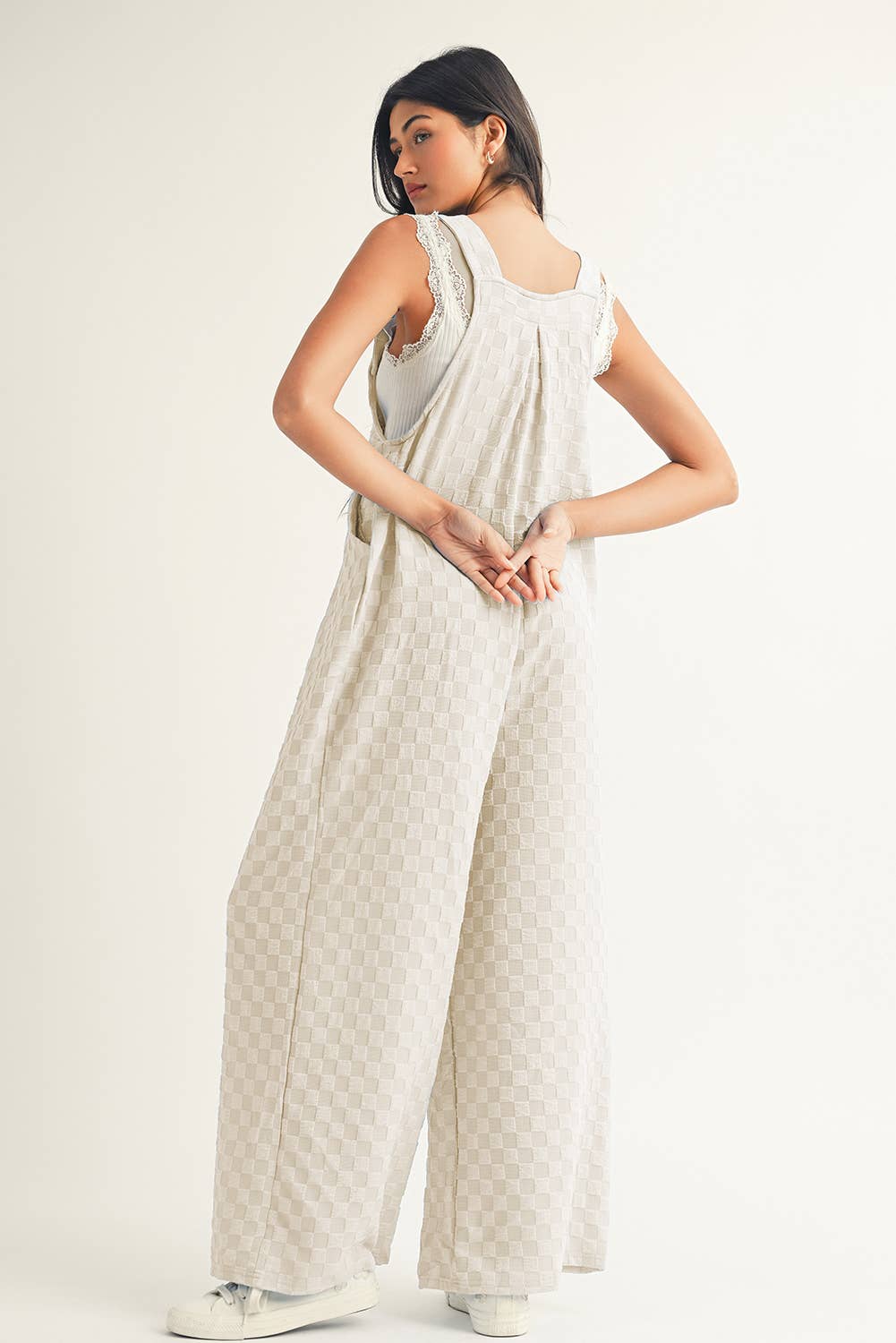 LDC Checkered Pocketed High Waist Wide Leg Overall: Beige