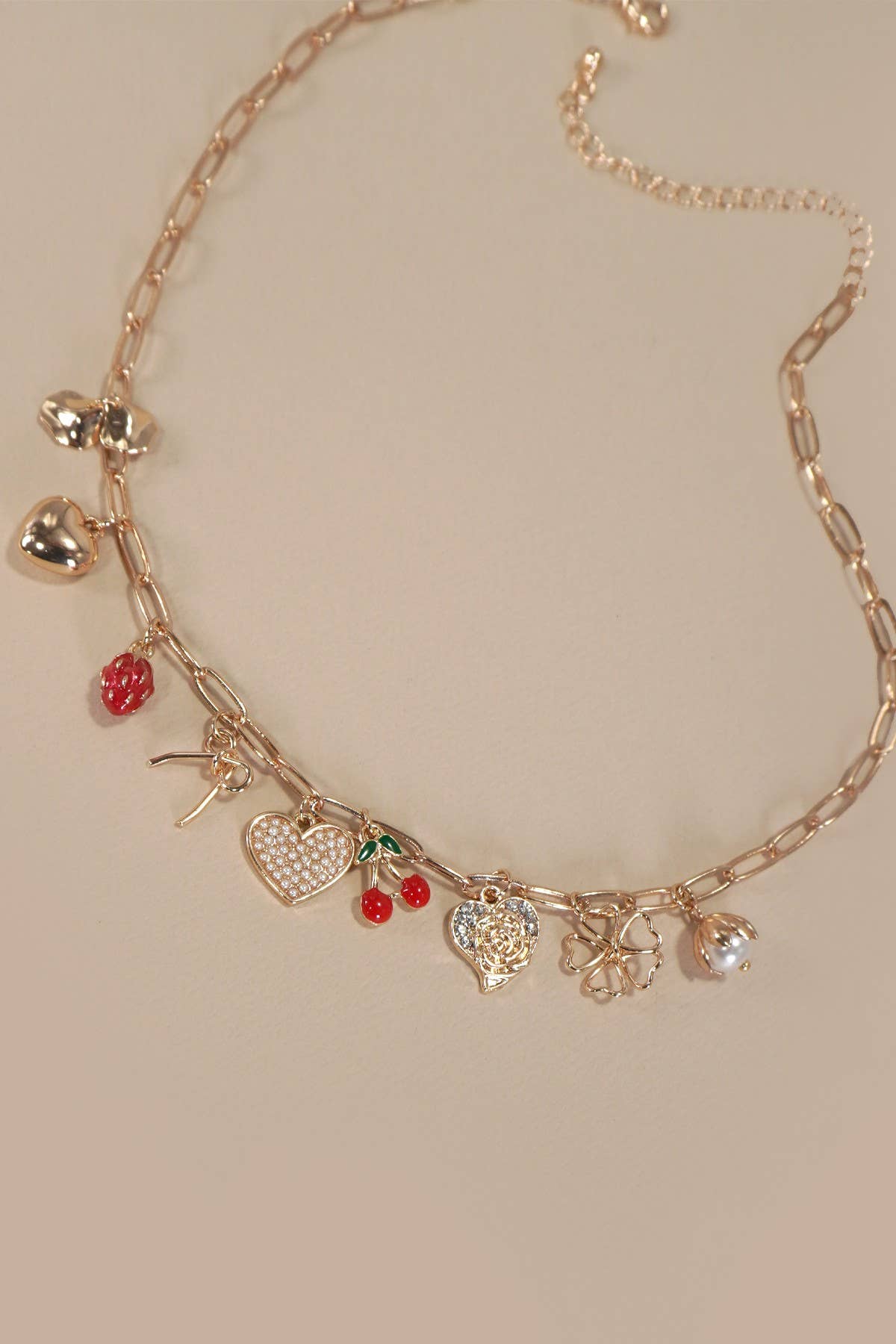 MULTI CHARM BOW CHERRY HEART NECKLACE : Gold