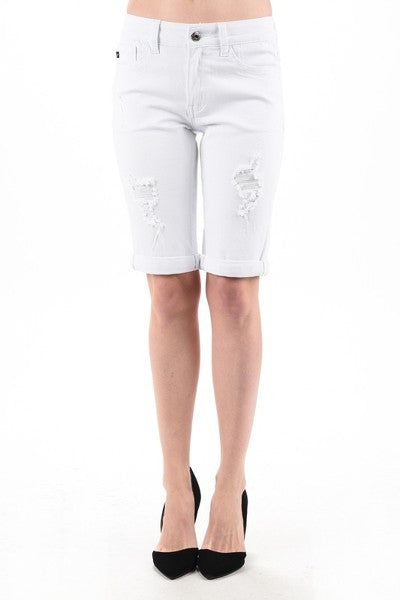 Kan Can White Distressed Bermuda Shorts