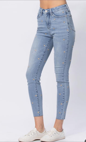 Judy Blue Star Embroidery Tummy-Control High-Waisted Skinny Jeans