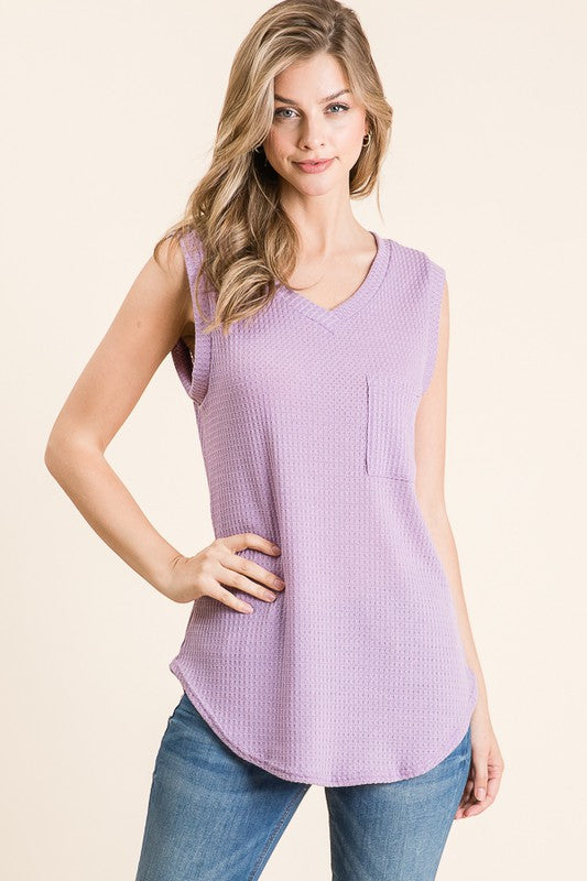 Lilac V-Neck Waffle Knit Tank w/Front Pocket