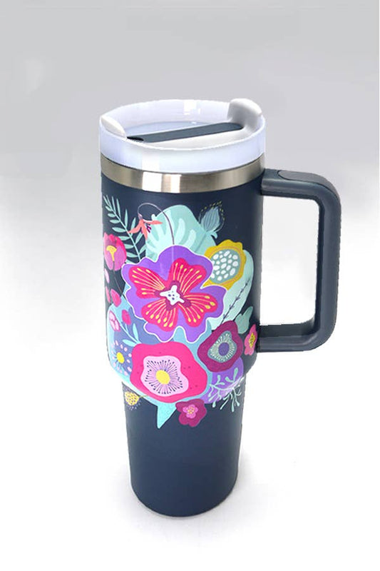 40oz STAINLESS STEEL TUMBLER : FLOWER  NAVY