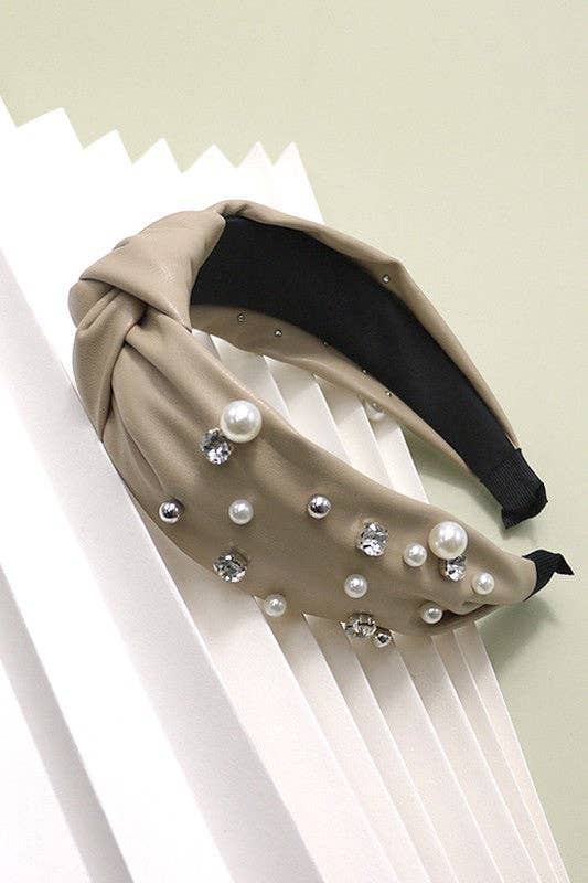 KNOTTED FAUX LEATHER PEARL RHINESTONE HAIR BANDS : TAN