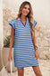 LDC Stripe Print Contrast Collar Split Neck Short Dress: Dark Blue / M
