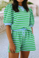 LDC Stripe Spring Puff Sleeve Shirt Matching Shorts Set: Green Stripe