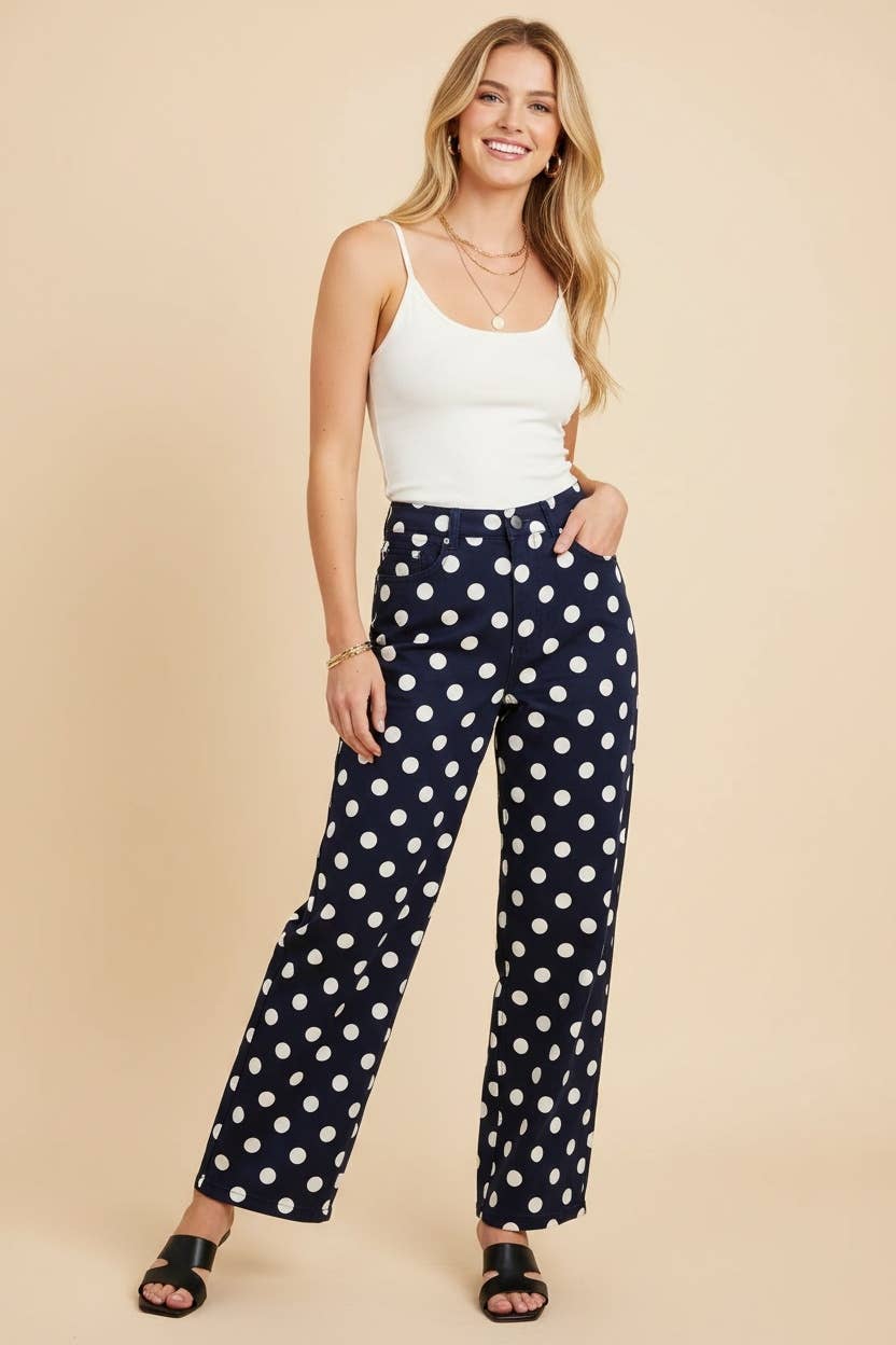 Polka Dot High Rise Straight Leg Pants: Black/White