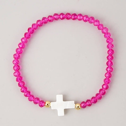 Cross Colored Bead Bracelet- Dark Pink