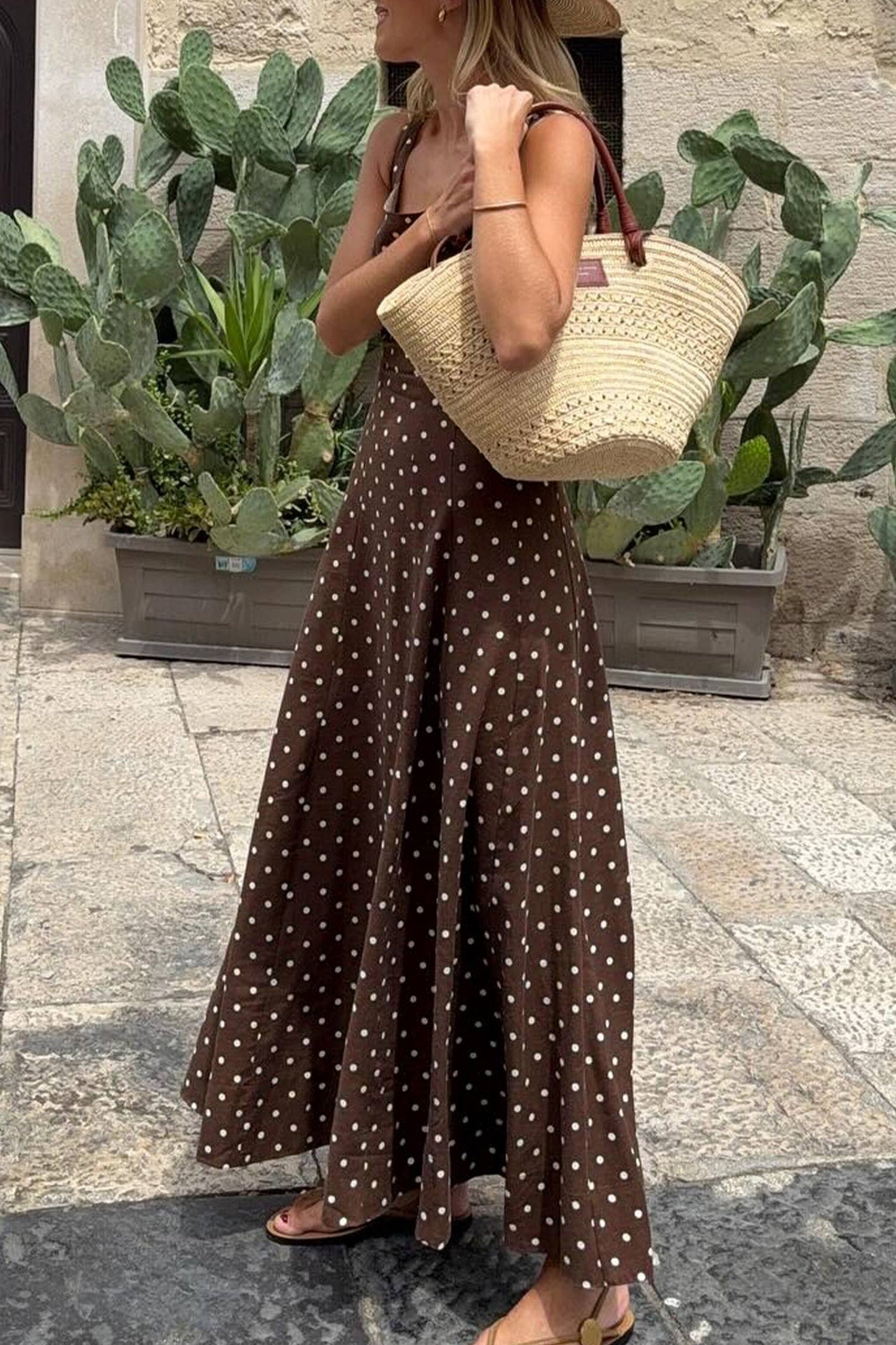LDC Polka Dot Square Neck Sleeveless Vacation Long Dress: Brown