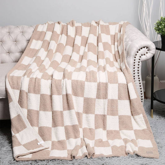 Checkerboard Patterned Throw Blanket: Beige / ONE SIZE