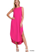 Fuchsia Sleeveless Side Slit Maxi Dress with Pockets