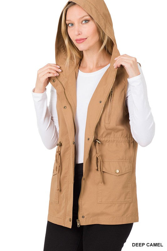 Deep Camel Drawstring Waist Militar Hoodie Vest