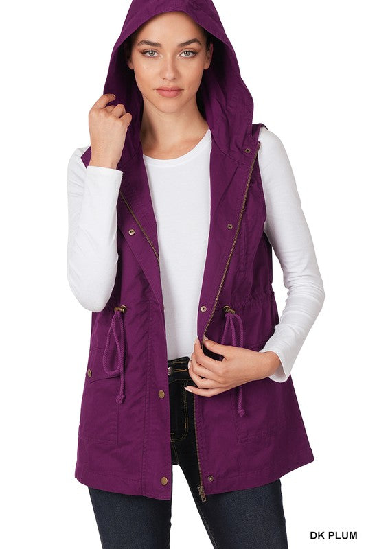 Dark Plum Drawstring Waist Militar Hoodie Vest