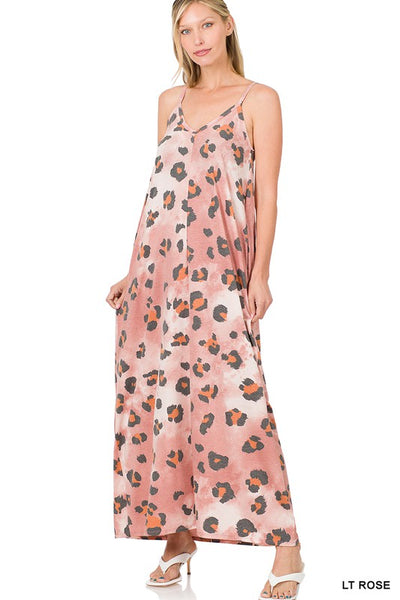 Leopard V-neck Cami Maxi Dress with Side Pockets