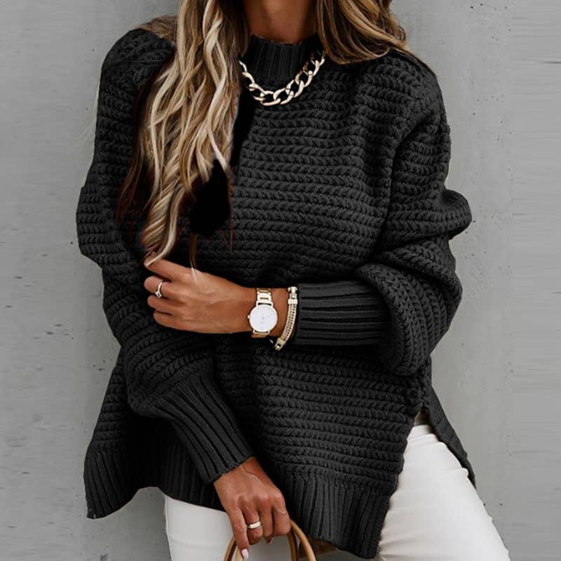 Tucked hand side split knit sweater in Black