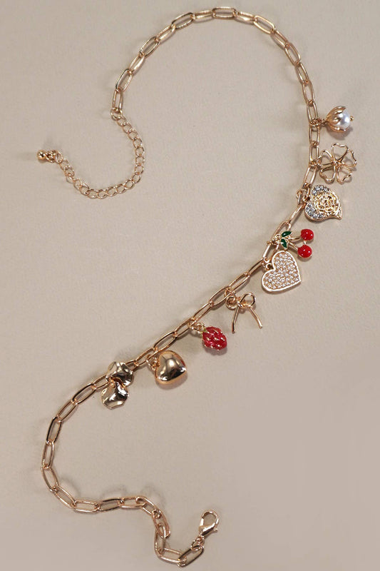 MULTI CHARM BOW CHERRY HEART NECKLACE : Gold