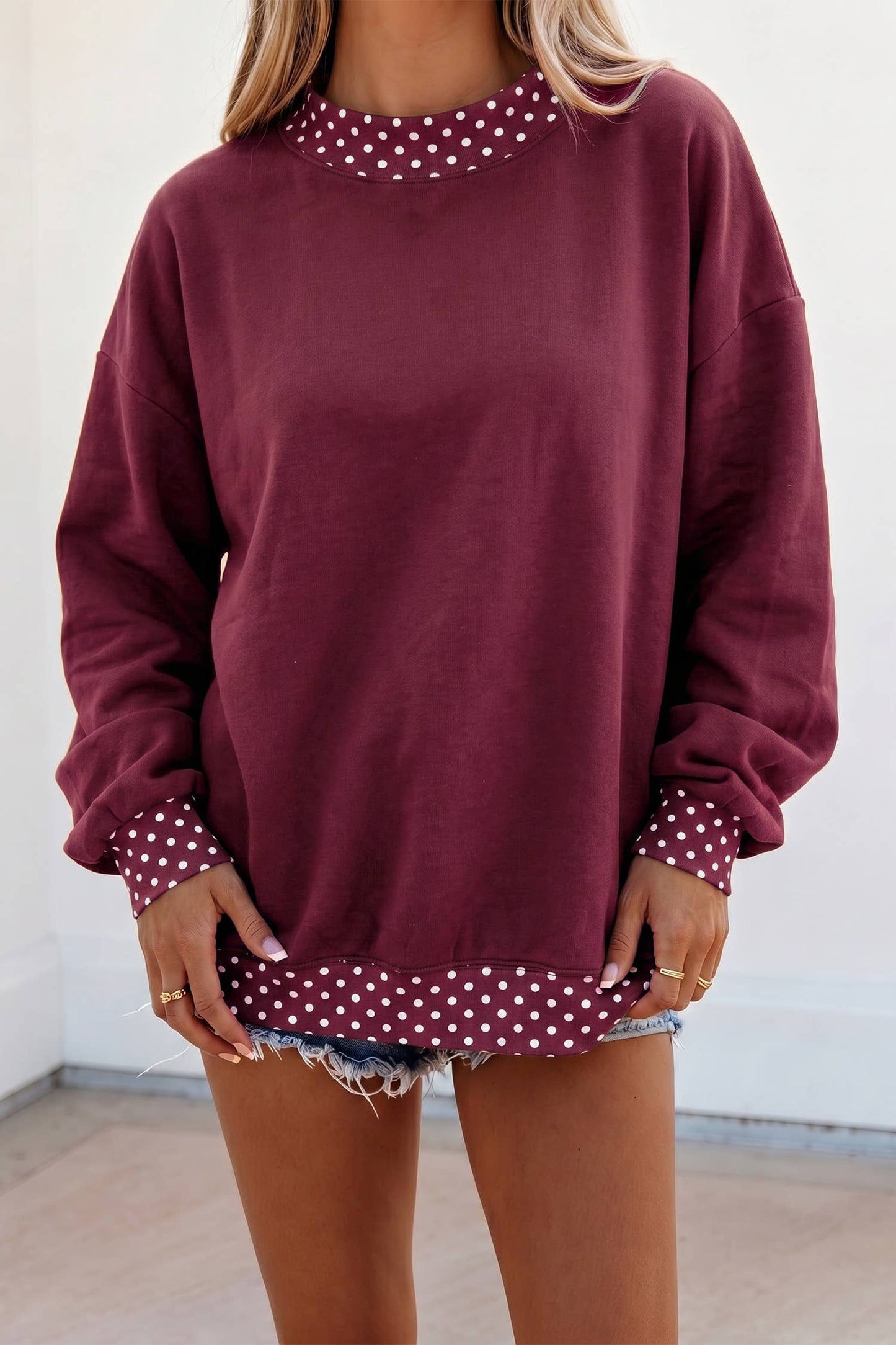 Polka Dot Mock Neck Sweatshirt Maroon