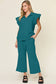 Double Take Texture Ruffle Short Sleeve Top and Drawstring Wide Leg Pants Set: Deep Teal