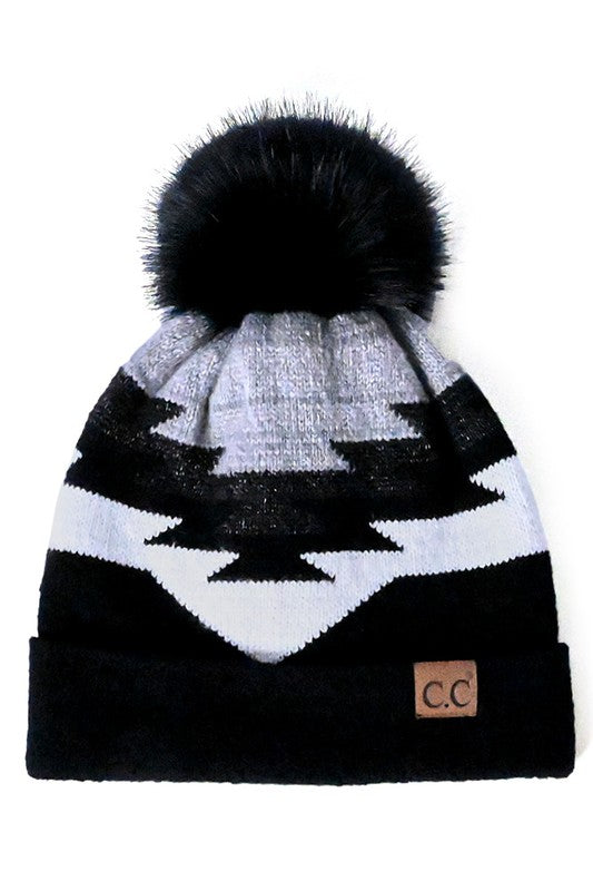 C.C Aztec Pattern Beanie Hat with Pom