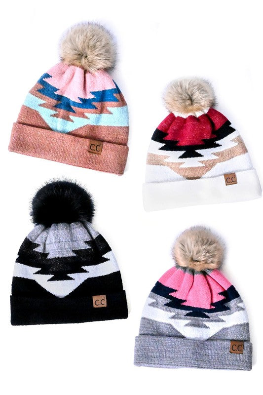 C.C Aztec Pattern Beanie Hat with Pom