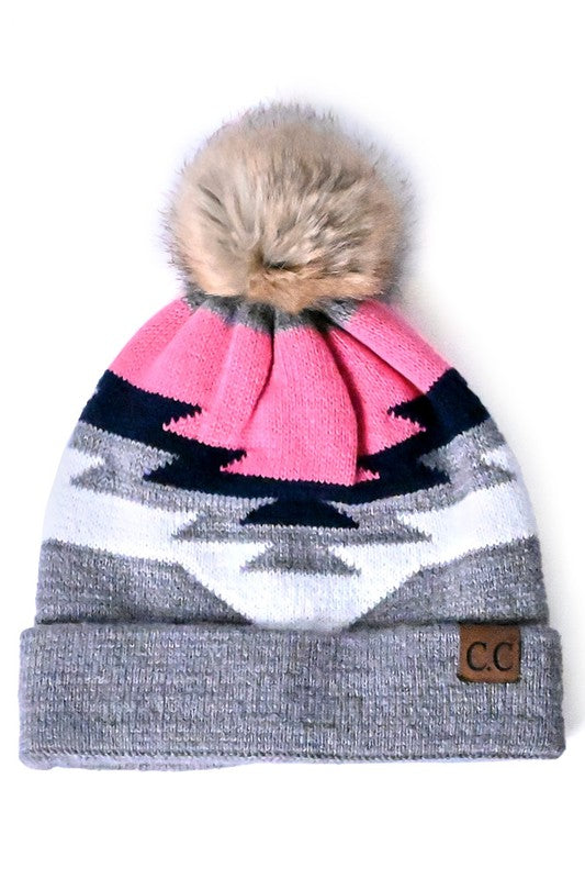 C.C Aztec Pattern Beanie Hat with Pom