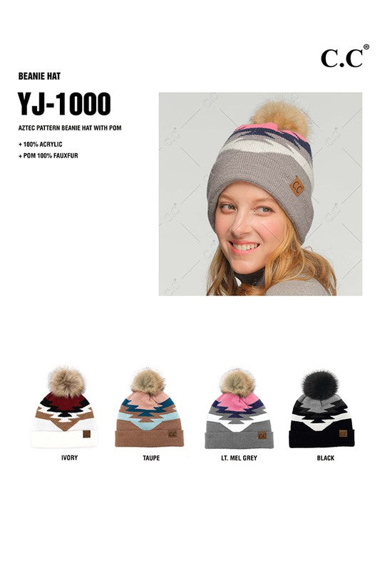 C.C Aztec Pattern Beanie Hat with Pom