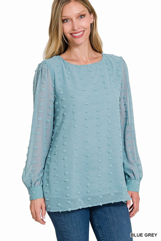 Blue Grey Swiss Dot Puff Sleeve Long Sleeve Top