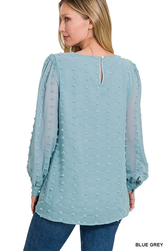 Blue Grey Swiss Dot Puff Sleeve Long Sleeve Top