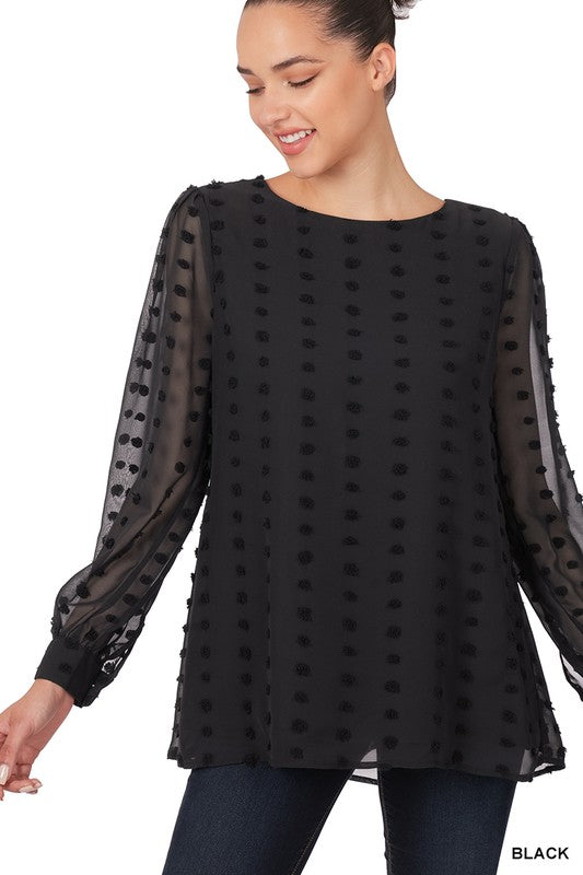 Black Swiss Dot Puff Sleeve Long Sleeve Top