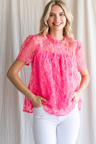 Hot Pink Lace Puff Short Sleeve Top
