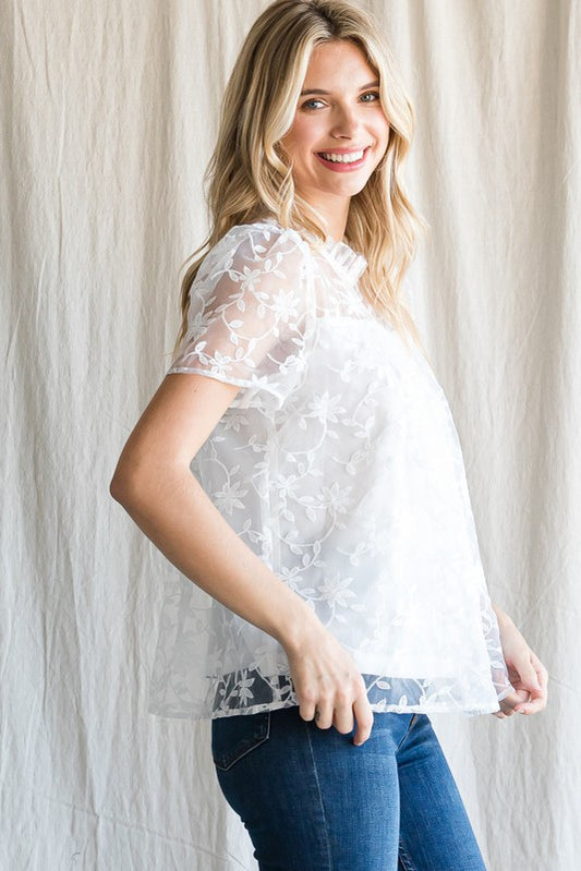 White Lace Puff Short Sleeve Top