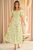 Yellow Floral Maxi Dress with Puff Sleeves