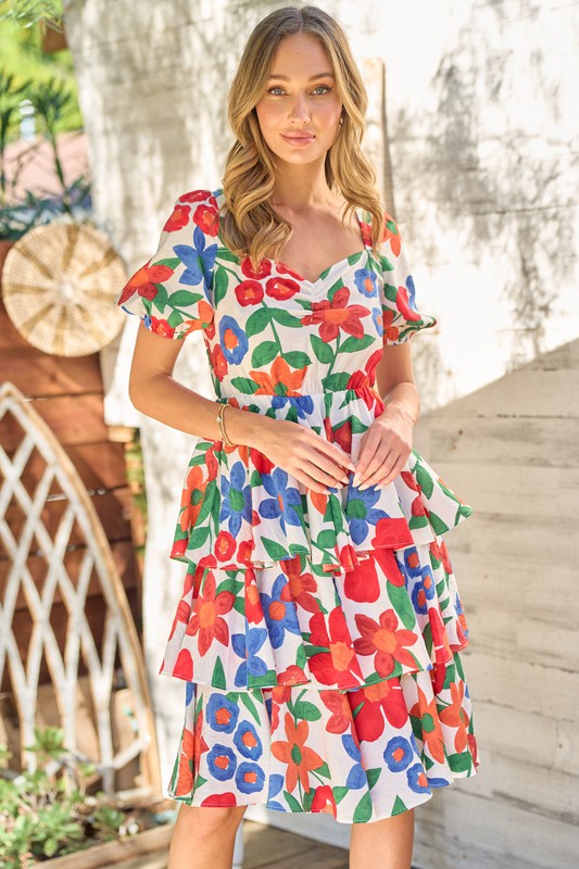 Red & Blue Floral Midi Dress