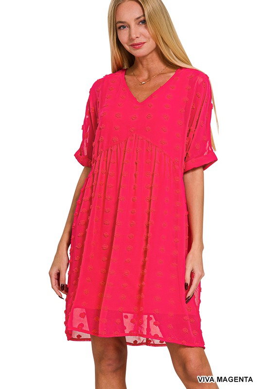 Viva Magenta Swiss Dot Babydoll V-Neck Dress