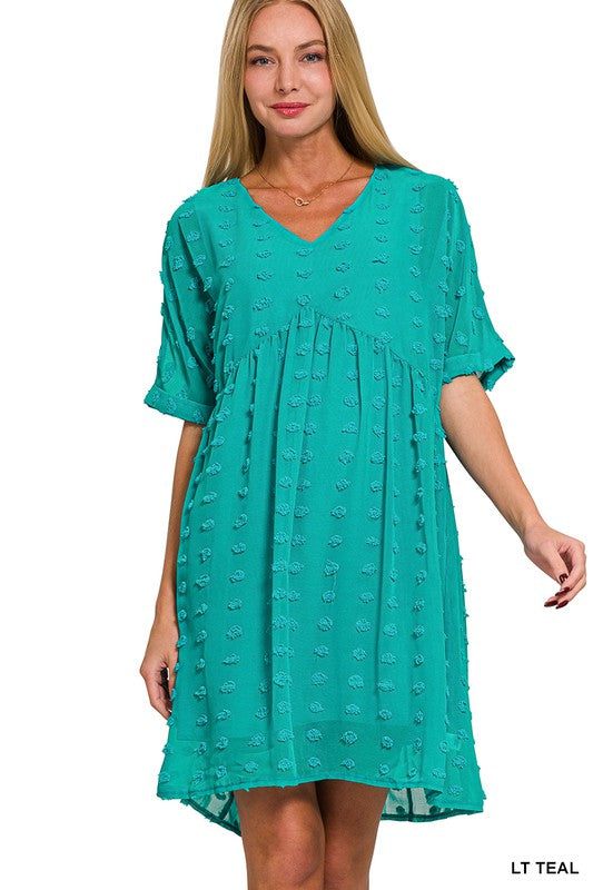 Lt Teal Swiss Dot Babydoll V-Neck Dress