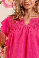 Fuchsia Shirred Bodice Layered Ruffle Sleeve Top