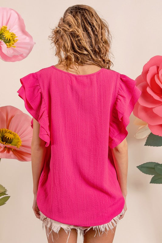 Fuchsia Shirred Bodice Layered Ruffle Sleeve Top