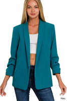 Teal 3/4 Rouched Sleeve Open Front Blazer