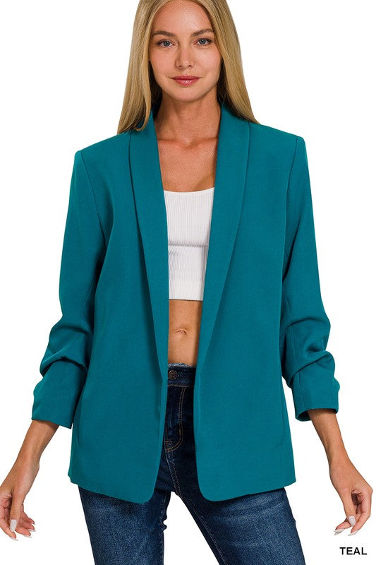 Teal 3/4 Rouched Sleeve Open Front Blazer