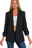 Black 3/4 Rouched Sleeve Open Front Blazer