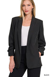 Black 3/4 Rouched Sleeve Open Front Blazer