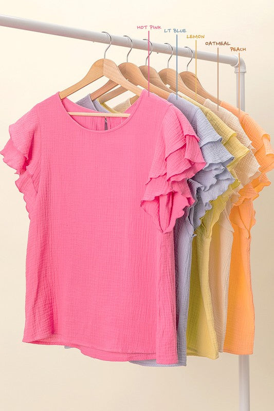 Ruffle Sleeve Wrinkled Cotton Gauze Top - Pink