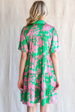Green and Pink Floral Button Up Dress