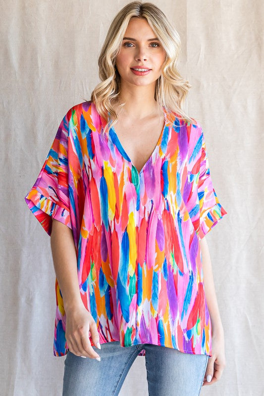 Multi Colored Feather V-Neck Top - Plus Size