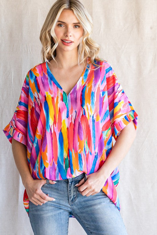 Multi Colored Feather V-Neck Top - Plus Size