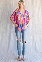 Multi Colored Feather V-Neck Top - Plus Size