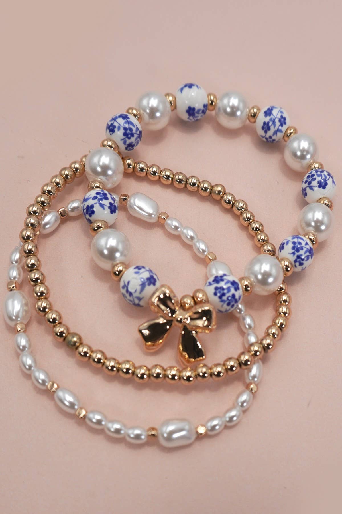 BLUE CERAMIC PORCELAIN BOW MULTI LAYER BRACELET : Gold