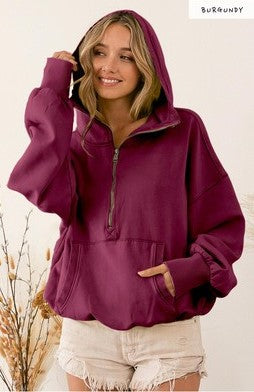 Burgundy Half Zip Fleece Hoodie with Elastic Hem