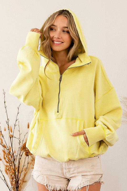 Lemon Yellow Half Zip Fleece Hoodie with Elastic Hem