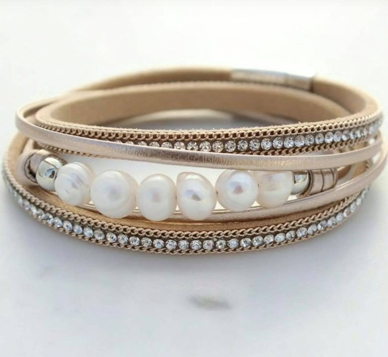 Pearl Wrap Crystal Bracelets: Gold